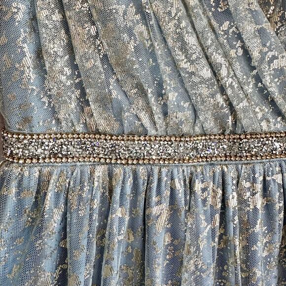 Teeze Me Metallic Foil Pleated V-Neck Gown From David's Bridal Light Blue Sz 5 - Picture 8 of 16